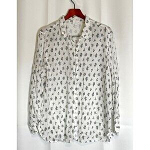 J. Jill Love Linen White Black Floral Button Up Shirt Long Sleeve Lightweight XL